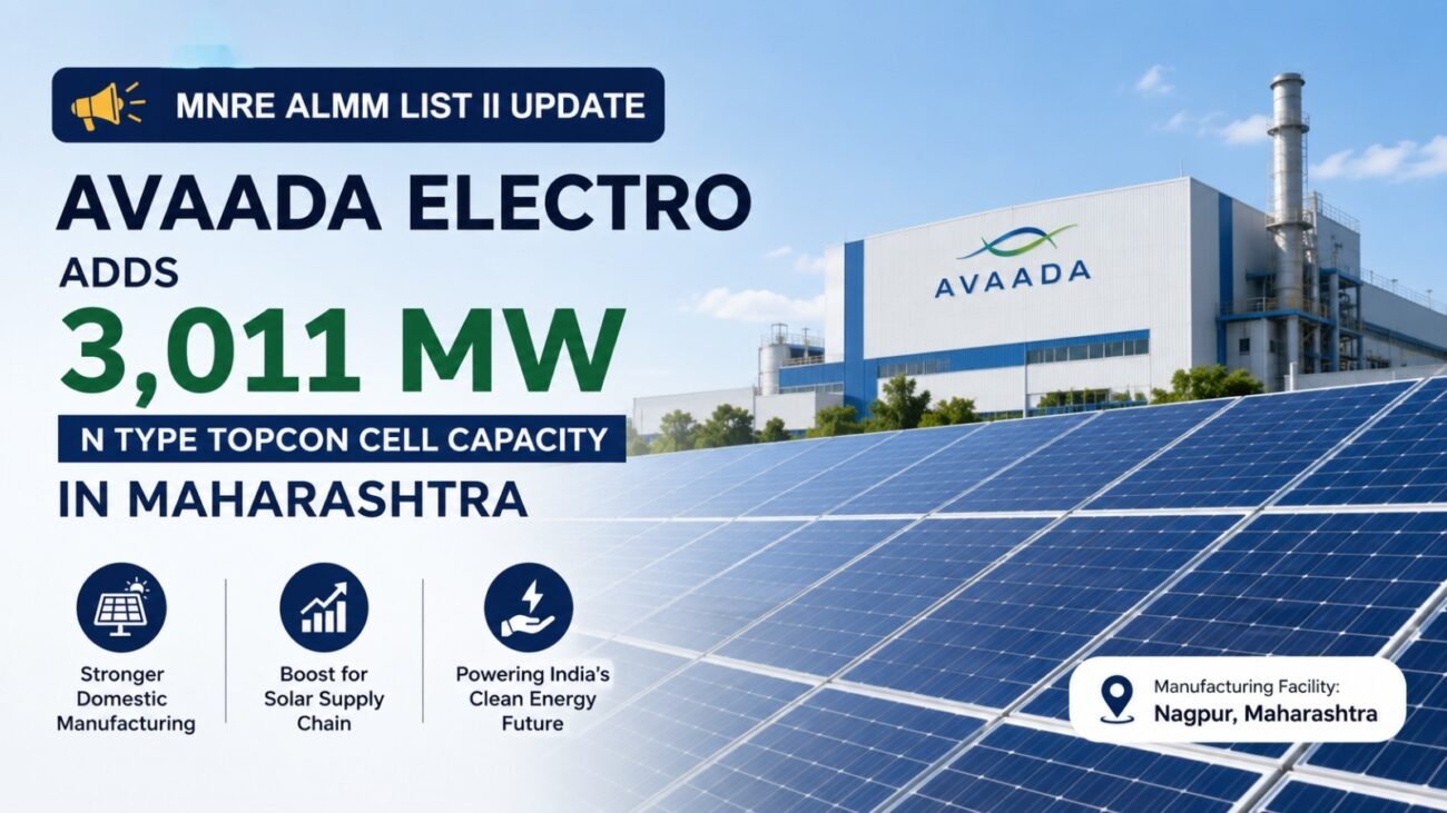 MNRE ALMM List II update showing Avaada Electro adding 3,011 MW N Type TOPCon solar cell capacity in Maharashtra