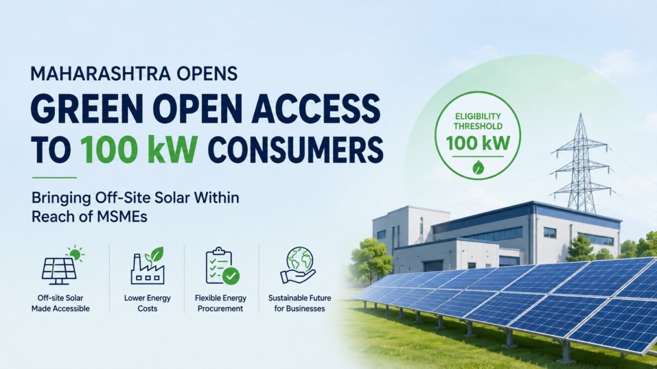 Maharashtra Green Open Access threshold reduced to 100 kW, enabling MSMEs and commercial businesses to access off-site solar power.