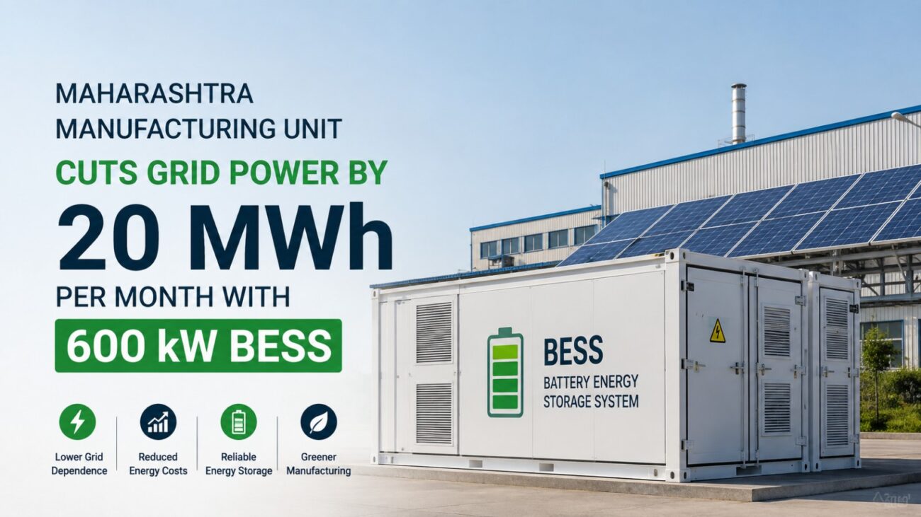Maharashtra manufacturing unit using a 600 kW BESS to reduce grid power consumption by 20 MWh per month