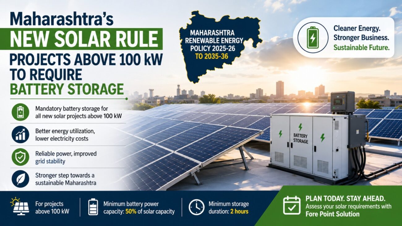 Maharashtra new solar rule requiring battery storage for solar projects above 100 kW, with rooftop solar panels and a battery energy storage system.