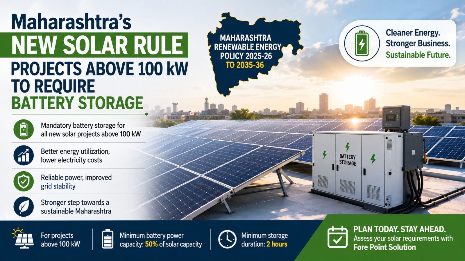 Maharashtra new solar rule requiring battery storage for solar projects above 100 kW, with rooftop solar panels and a battery energy storage system.