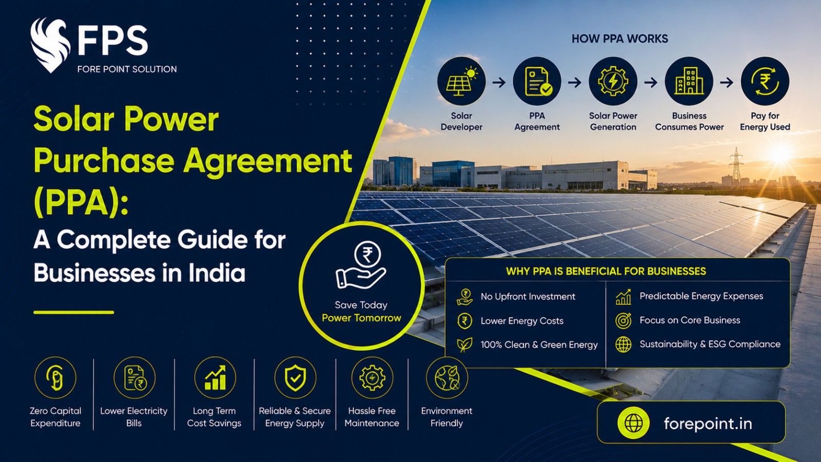 Solar Power Purchase Agreement for businesses, showing a rooftop solar power system and an agreement between a solar energy provider and electricity consumer.